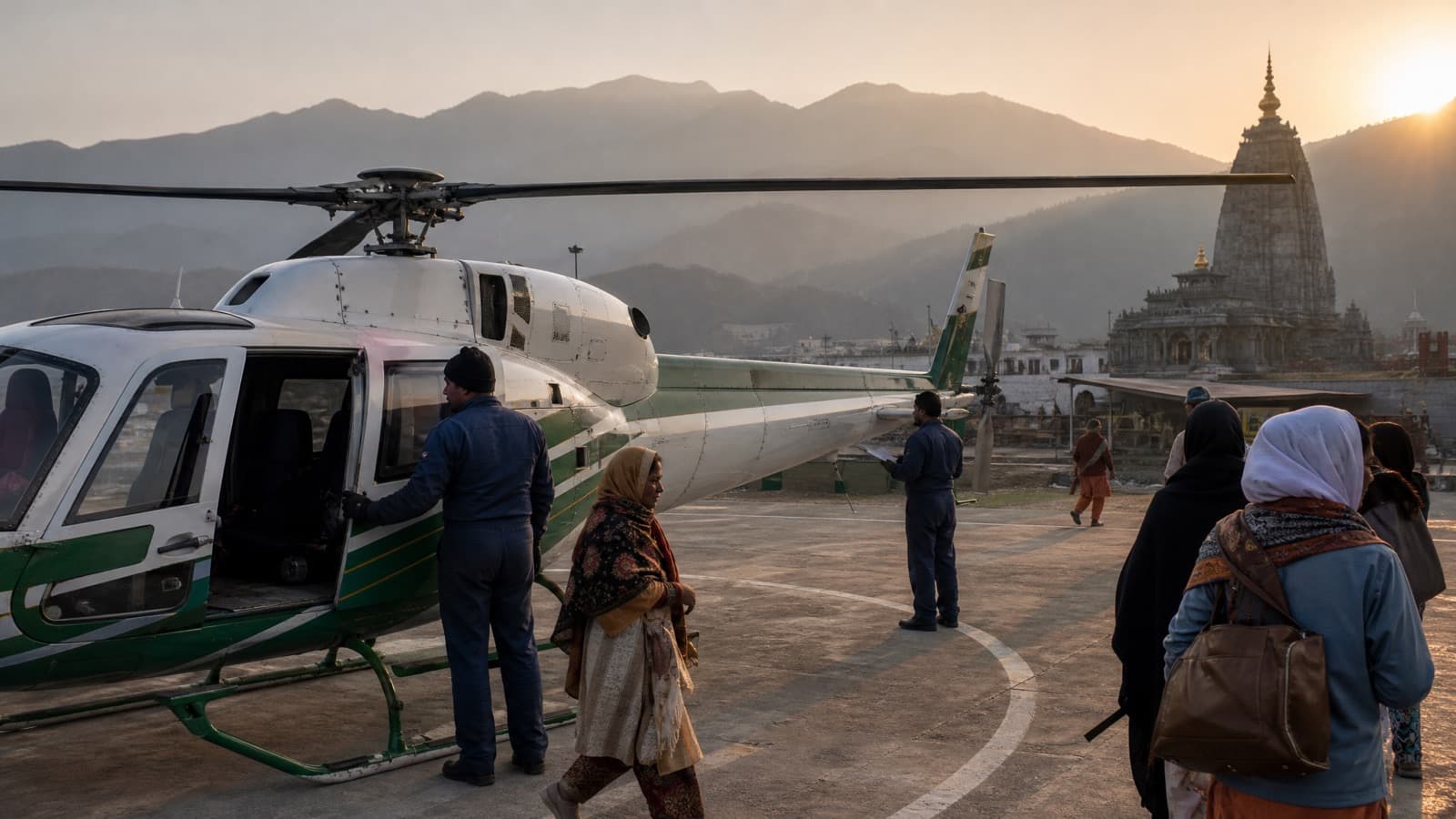 Pilgrims boarding a helicopter on a helipad beside a Himalayan temple at sunrise