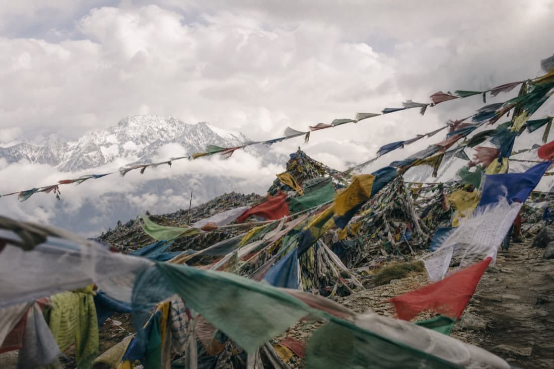 Prayer flags at a windy Himalayan pass